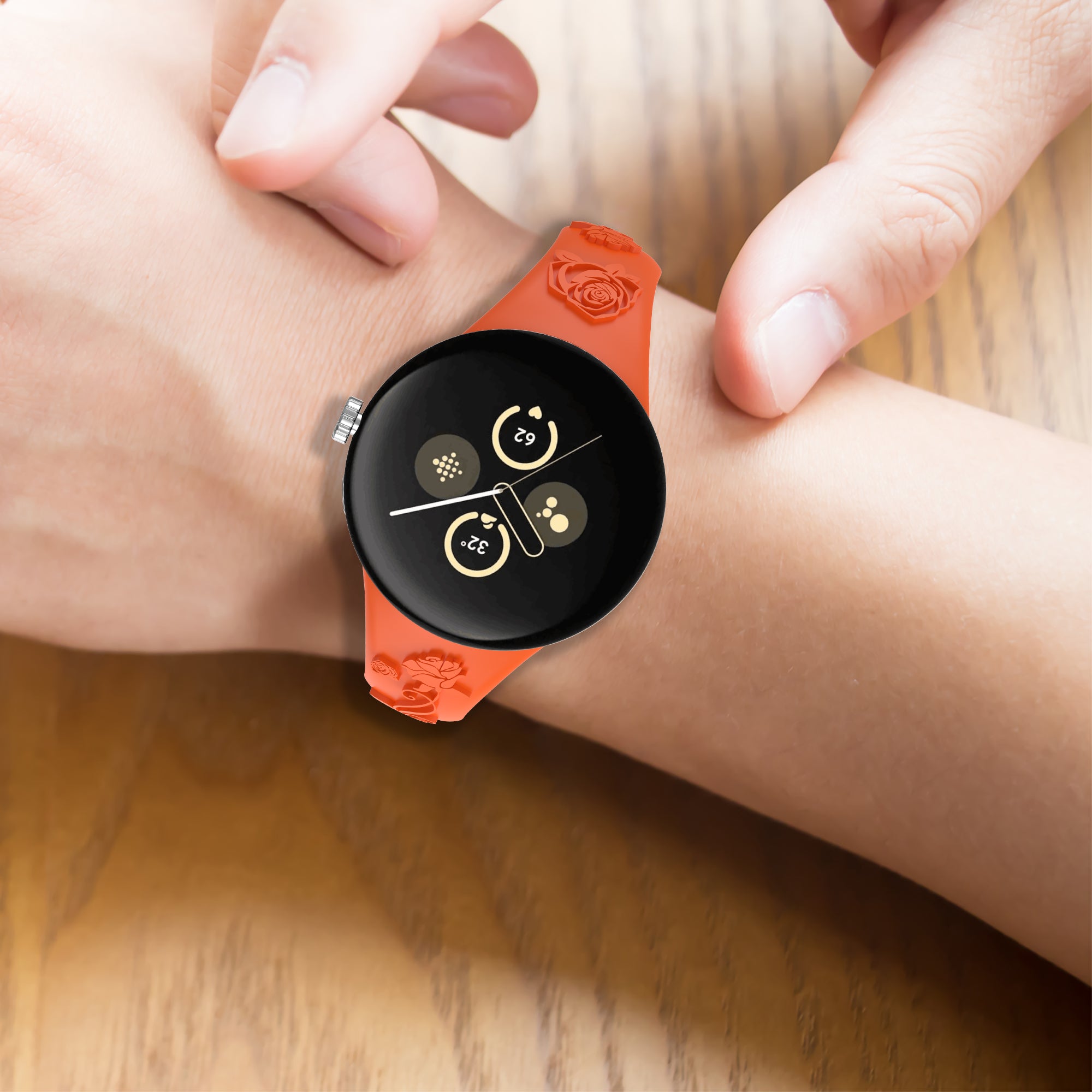 For Google Pixel Watch / Pixel Watch 2 Carving Flower Pattern Watch Strap Replacement Silicone Band - Orange For Google Pixel Watch / Pixel Watch 2 Carving Flower Pattern Watch Strap Replacement Silicone Band - Orange